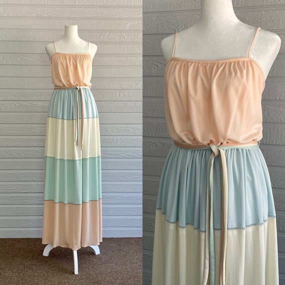 1970s Lilli Diamond Pastel Patchwork Maxi Dress XS