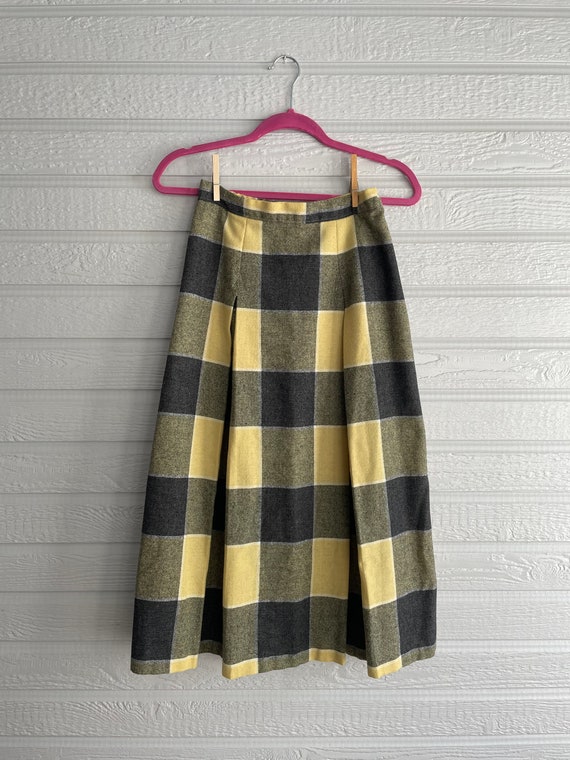 1960s Wool Skirt Yellow and Gray Checkered Print … - image 1