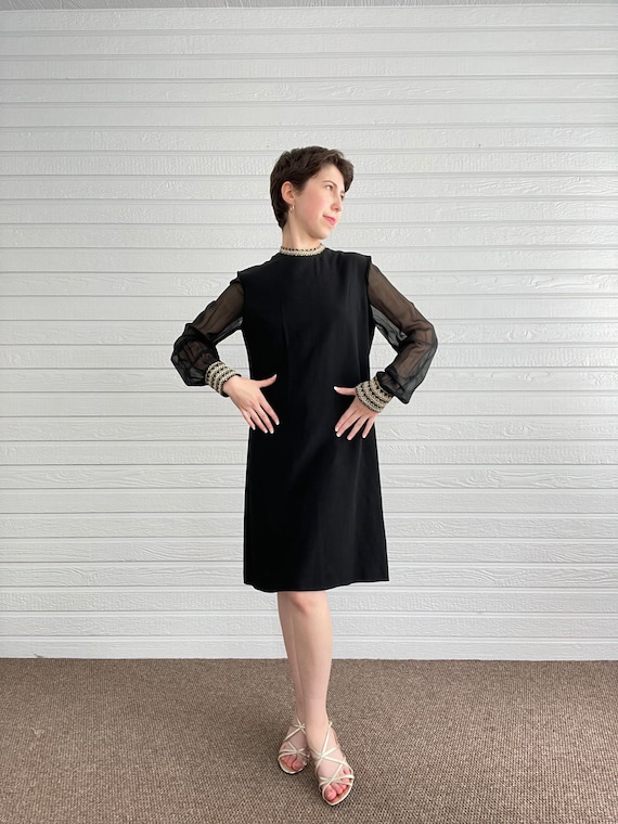 1960s Black Chiffon Cocktail Mini Dress Small