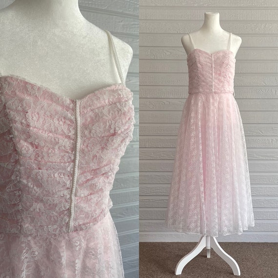 1970s Bubblegum Pink Prom Dress Lace XS - image 1