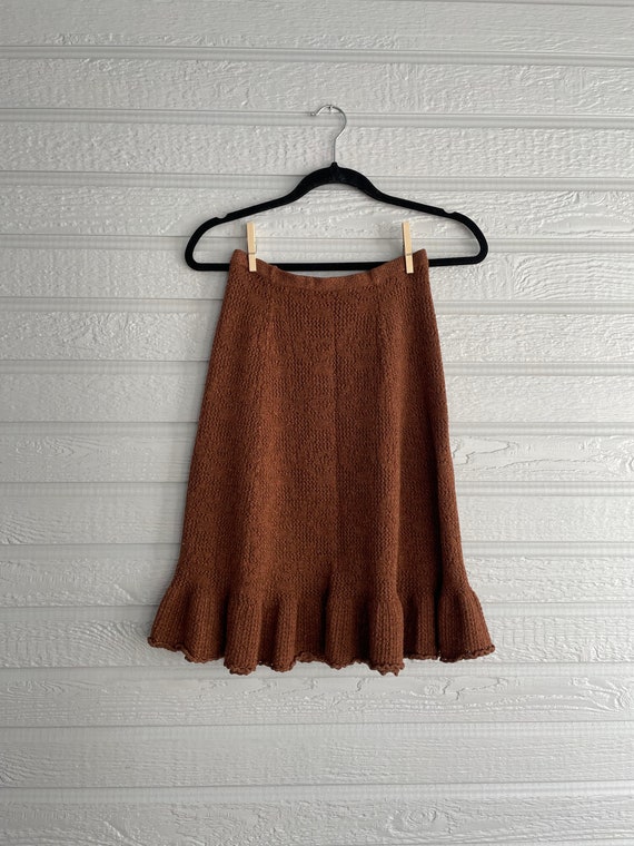 1970s Cinnamon Brown Stretch Knit Skirt Ruffled XS