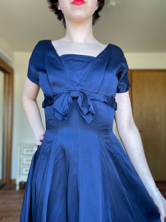 1940s 1950s Navy Blue Satin Holiday Dress XS Small