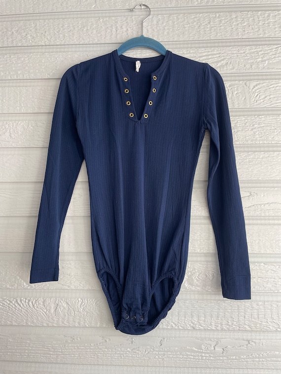 1960s Danskin Long Sleeve Bodysuit Leotard Navy Bl