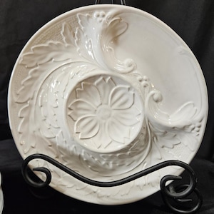 Set of 4 Vintage, White, Majolica, 8.5&quot;, Artichoke Plates with 3 Sections. Handmade with a beautiful white glaze in Portugal.
