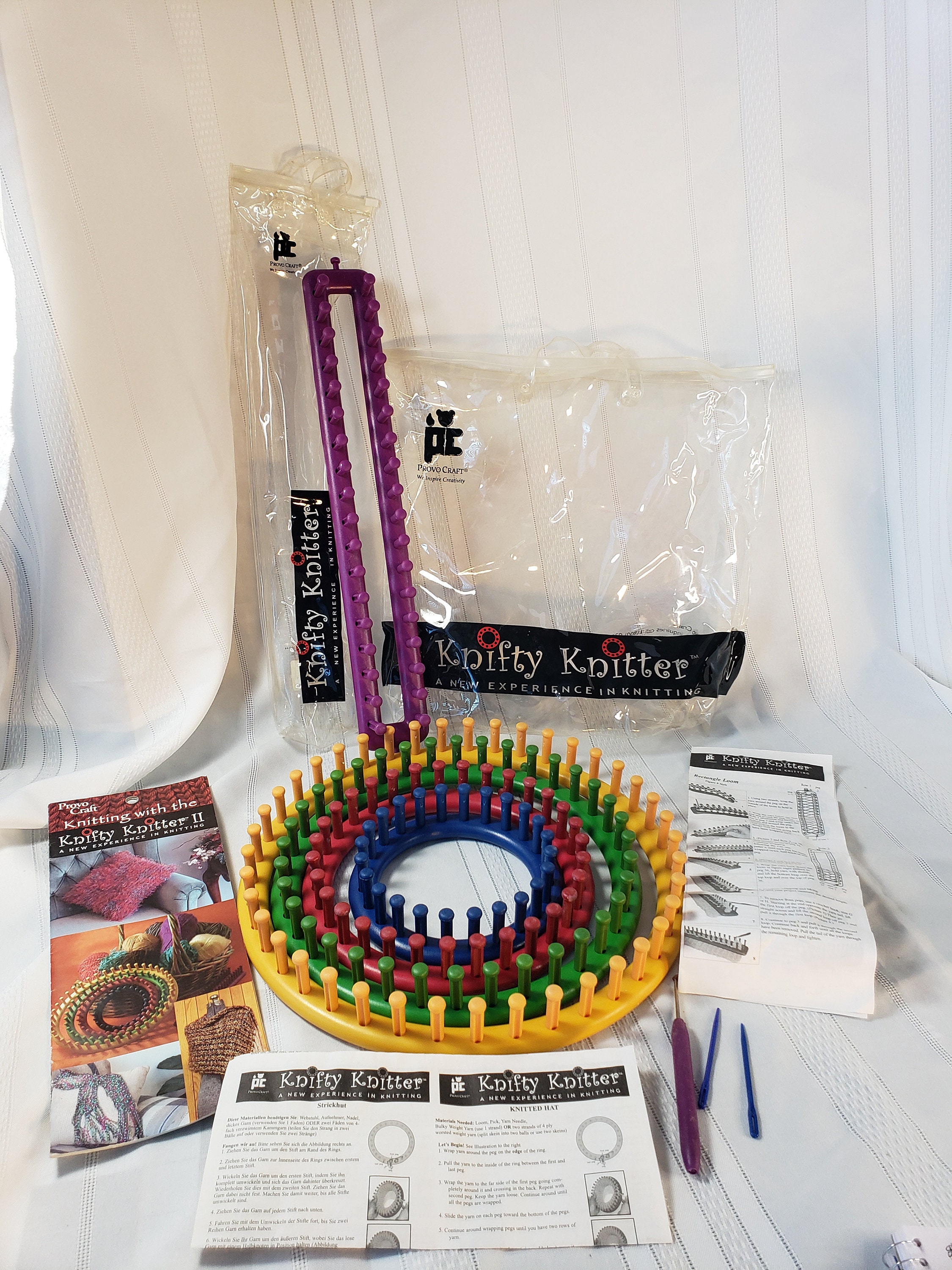  Genuine Knifty Knitter Round Loom Set with 4 Looms, Hook & Bag