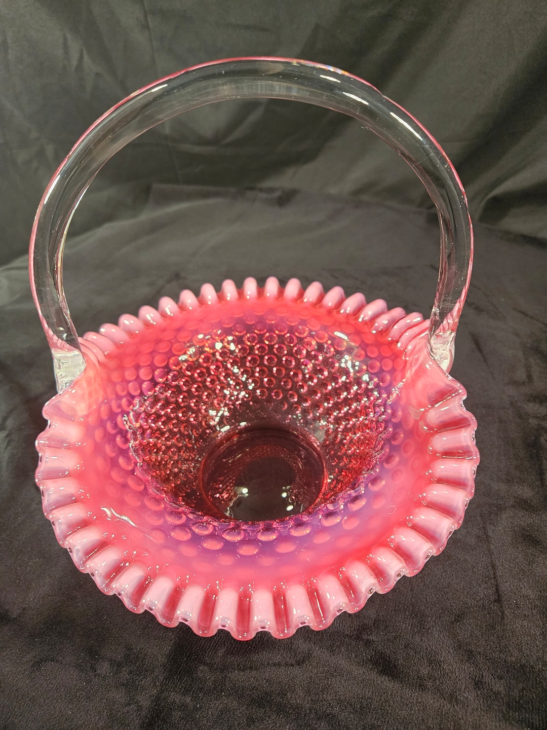 Vintage Fenton Cranberry. Opalescent Hobnail Glass Basket With Clear ...