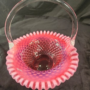 Vintage Fenton Cranberry. Opalescent Hobnail Glass Basket with Clear Glass Handle