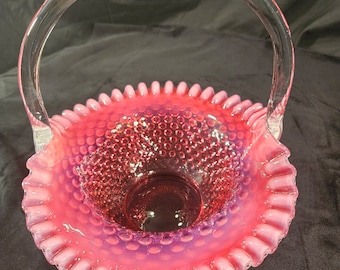 Vintage Fenton Cranberry. Opalescent Hobnail Glass Basket with Clear Glass Handle