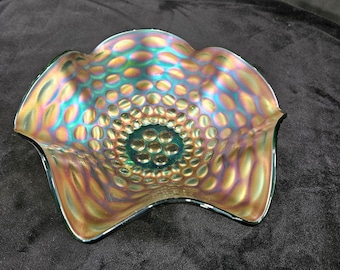 Vintage Fenton Coin Dot Carnival Glass Bowl with Ruffled Edge and an Emerald Base.