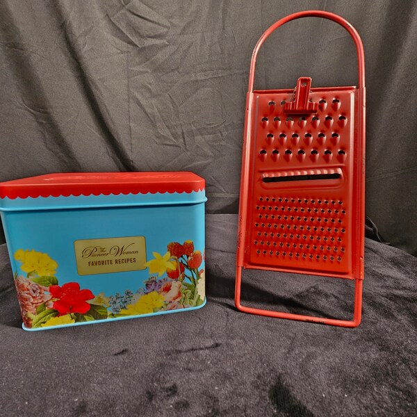 Vintage Cheese Grater w/ Stand Recipe Card Holder with Pioneer Woman Tin Recipe Box.