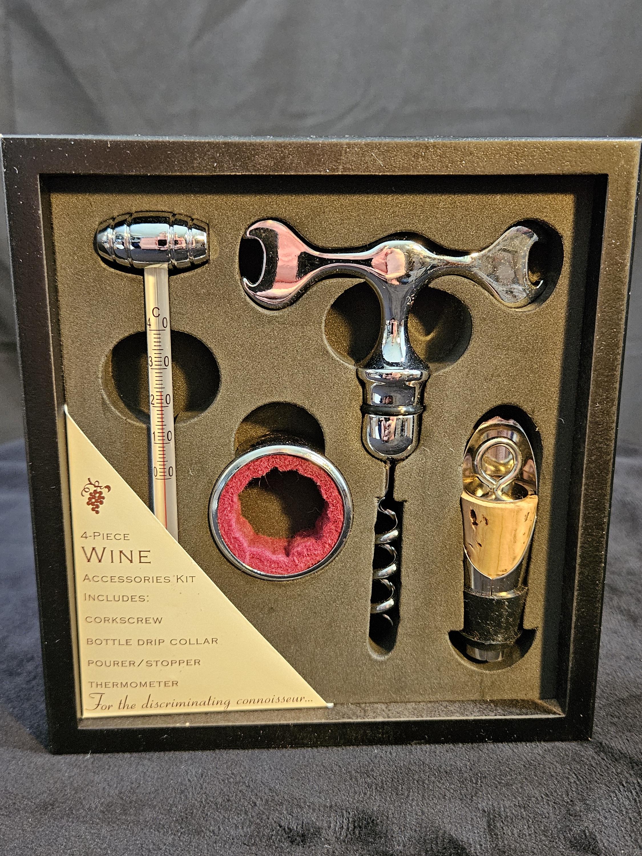 Vintage 4 pc. Barware Wine Accessories Kit. Includes: Corkscrew, Bottle Drip Collar, Pourer/Stopper, Thermometer.