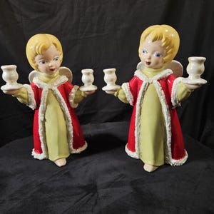 A Rare Vintage Pair of Large 13&quot; Tall Handpainted Angel Candleholders.