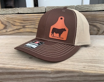 Custom leather patch hat, Laser Engraved for Company brand, Personalized Logo or Text, Richardson Hats, Cattle Tag, Richardson 112,farm,