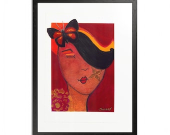 LIGHT WINGS – Portrait original technique mixte | Art féminin | Peinture (papier 7 x 10 po.)