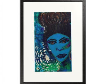 Bold Contemporary Mixed Media Artwork – Original One-of-One | (7x10in. Paper) Feminine Portrait with Gold Accents