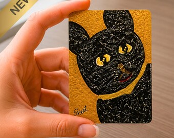 質感のある黒熊の子 ACEO、ミックスメディアの猫アート、ミニチュアのオリジナルビッグアイアート作品、小さなコレクターズアイテム、小さな風変わりな絵画