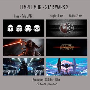 Puede incluir: Una taza temática de Star Wars con varias imágenes, incluyendo cascos de Stormtroopers, Kylo Ren, el logo de Star Wars y un caza TIE. La taza mide 9 cm de alto y 21 cm de ancho. Muestra el texto "TEMPLE MUG - STAR WARS 2".