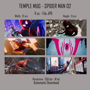 Puede incluir: Una taza de cerámica con un diseño que presenta a Spider-Man en varias poses. La taza tiene una capacidad de 11 onzas y mide 21 cm de ancho y 9 cm de alto. La resolución de la imagen es de 350 dpi y 16 bits.