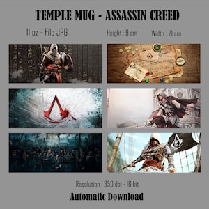 May include: A 11 ounce ceramic mug with a design featuring the Assassin's Creed logo and various characters from the video game series. The mug is white with a black rim and handle.