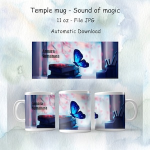 May include: White ceramic mug with a blue butterfly and a stack of books printed on it. The text "Annara Sumanara" is printed on the mug.