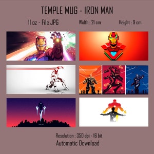 Puede incluir: Una taza de cer&aacute;mica blanca con una imagen roja, amarilla y plateada de Iron Man. La taza tiene una capacidad de 11 onzas y mide 9 cm de alto y 21 cm de ancho. La imagen es una impresi&oacute;n digital con una resoluci&oacute;n de 350 dpi y una profundidad de color de 16 bits.