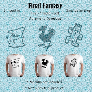 Op de afbeelding: Drie digitale ontwerpen voor T-shirts met Final Fantasy-personages. De ontwerpen zijn zwart-witte silhouetten van een Chocobo, een Moogle en een personage uit Final Fantasy I. De tekst "Final Fantasy" staat bovenaan de afbeelding. De tekst "File - Studio - pdf" en "Automatic Download" staat onder de ontwerpen. De tekst "Mockup not included" en "Not a physical product" staat onderaan de afbeelding.