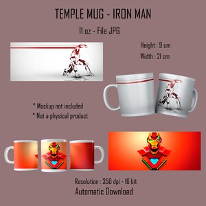 Puede incluir: Una taza de cer&aacute;mica blanca con una franja roja alrededor de la parte superior. La taza presenta un gr&aacute;fico de Iron Man con un traje rojo y dorado. La taza tiene una capacidad de 11 onzas y est&aacute; disponible para descargar digitalmente. La imagen tambi&eacute;n muestra una maqueta de la taza sobre un fondo rojo con un gr&aacute;fico de la cabeza de Iron Man.