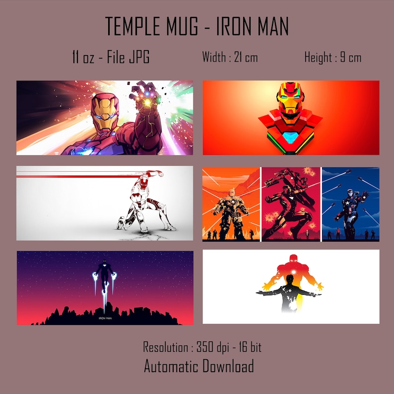 Puede incluir: Una taza de cer&aacute;mica blanca con una imagen roja, amarilla y plateada de Iron Man. La taza tiene una capacidad de 11 onzas y mide 9 cm de alto y 21 cm de ancho. La imagen es una impresi&oacute;n digital con una resoluci&oacute;n de 350 dpi y una profundidad de color de 16 bits.