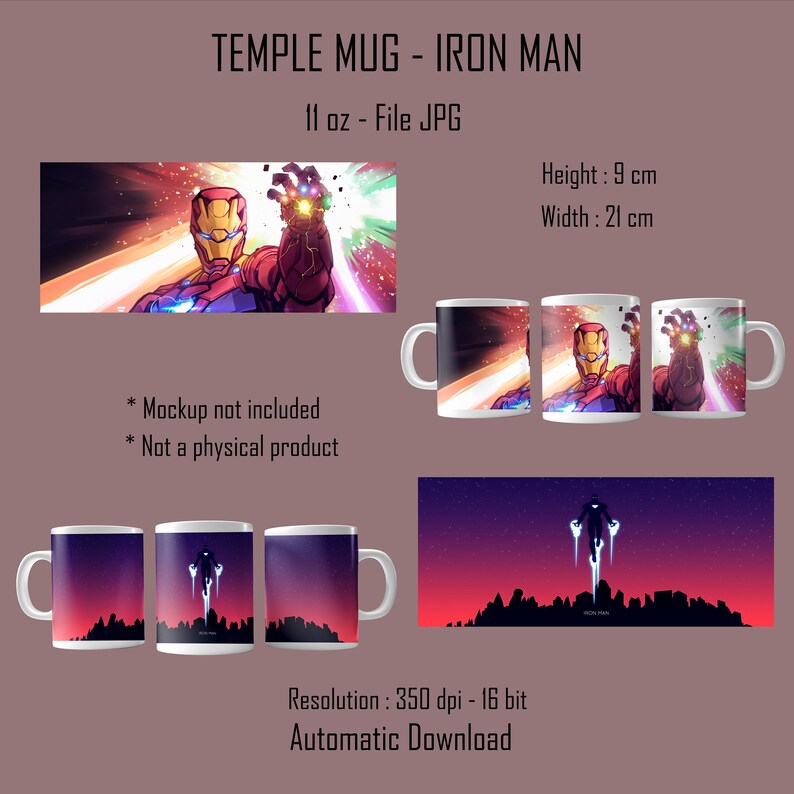 Puede incluir: Una taza de cer&aacute;mica blanca con un dise&ntilde;o que presenta a Iron Man en un traje rojo y dorado, sosteniendo el Guantelete del Infinito. El fondo es una nebulosa colorida con rayas de luz. La taza es de 11 onzas y el dise&ntilde;o mide 9 cm de alto y 21 cm de ancho. La imagen es de 350 dpi y 16 bits.