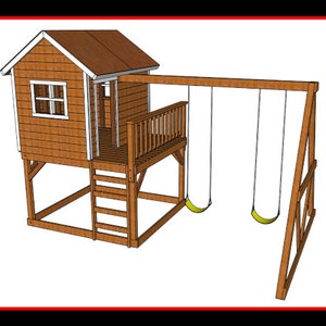 Op de afbeelding: Een houten speelset met een klein huis, een ladder, een platform en een schommel. Het huis heeft een raam en een deur. Het platform heeft een railing. De schommel heeft twee schommels.