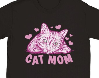 May include: Black t-shirt with a pink cat graphic and the text "Cat Mom" in pink letters.