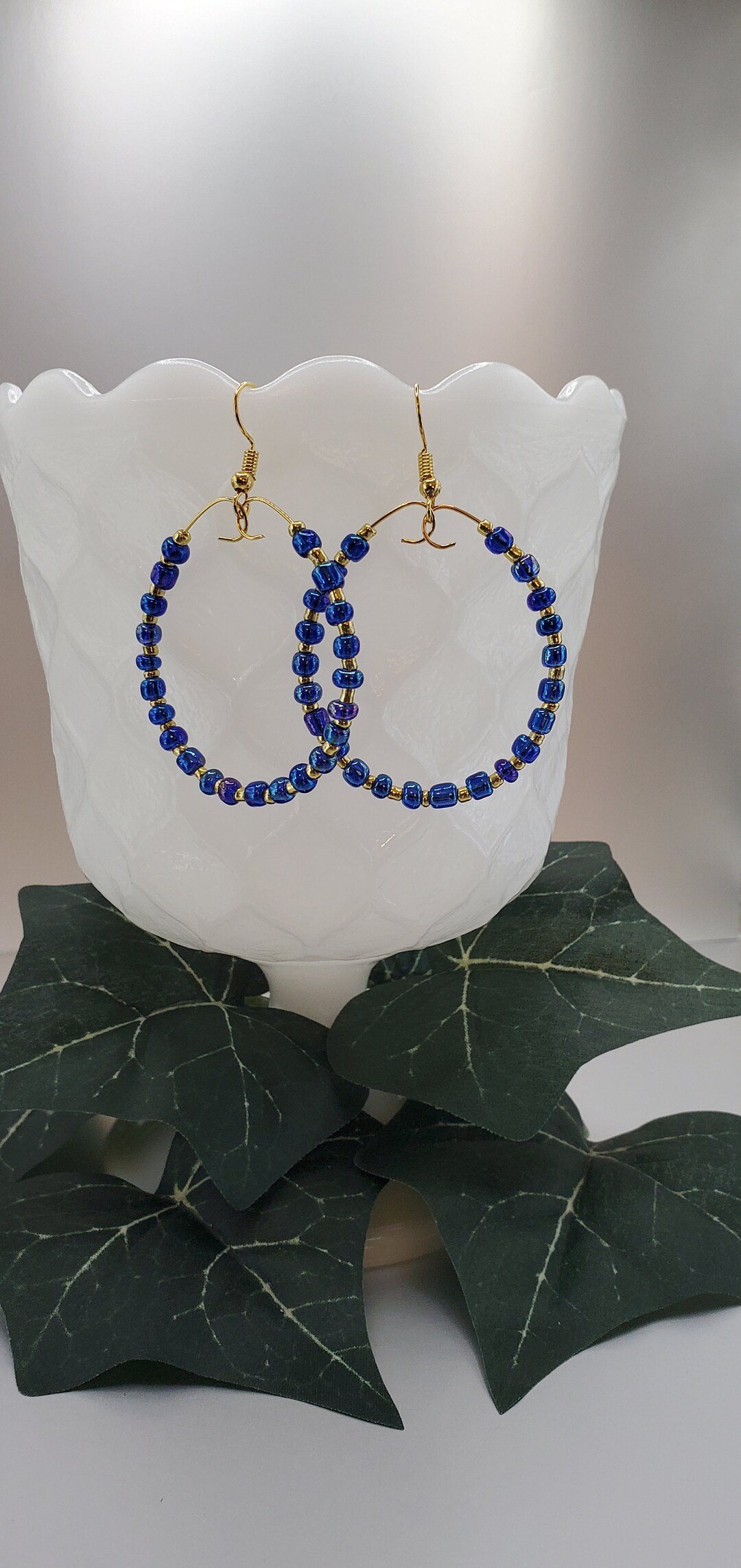 Gold Memory Wire Earrings With Blue & Gold Glass Seed Beads - Etsy