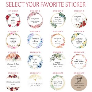 May include: A set of 16 round stickers with floral designs and personalized text. The stickers feature various events, including weddings, bridal showers, baptisms, and birthdays. Each sticker has a gold border and a white background.