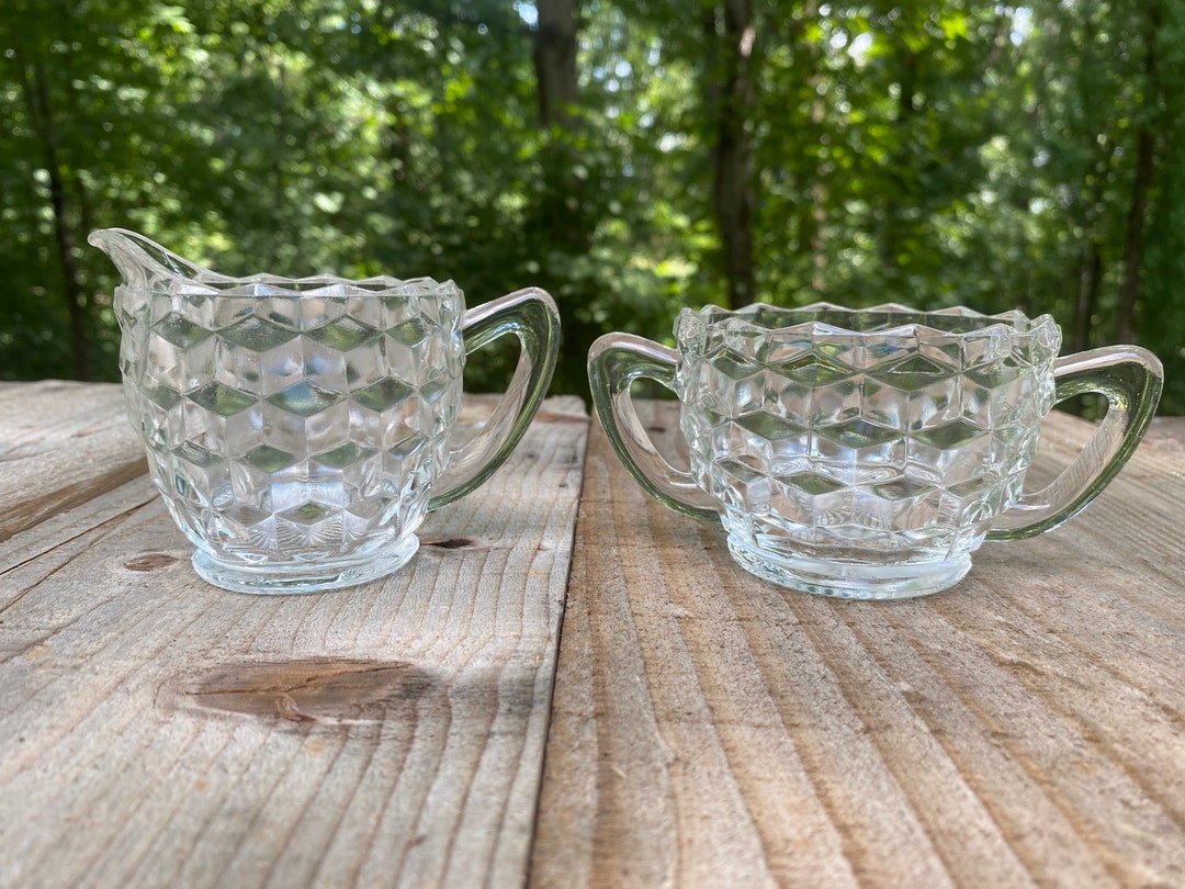 Sugar and Creamer Set, Depression Glass, Cubist Pattern