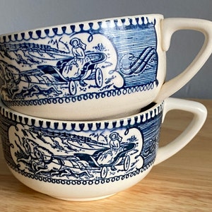 Currier & Ives Blue by Royal China, Vintage Coffee Mugs, Set of 2, Drinkware, Mugs