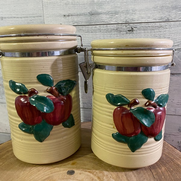 Vintage Apple Canisters, Ribbed Ceramic with Metal Clasp Closure, Set of {2}, Kitchen Storage, Jars & Containers, Canister Sets
