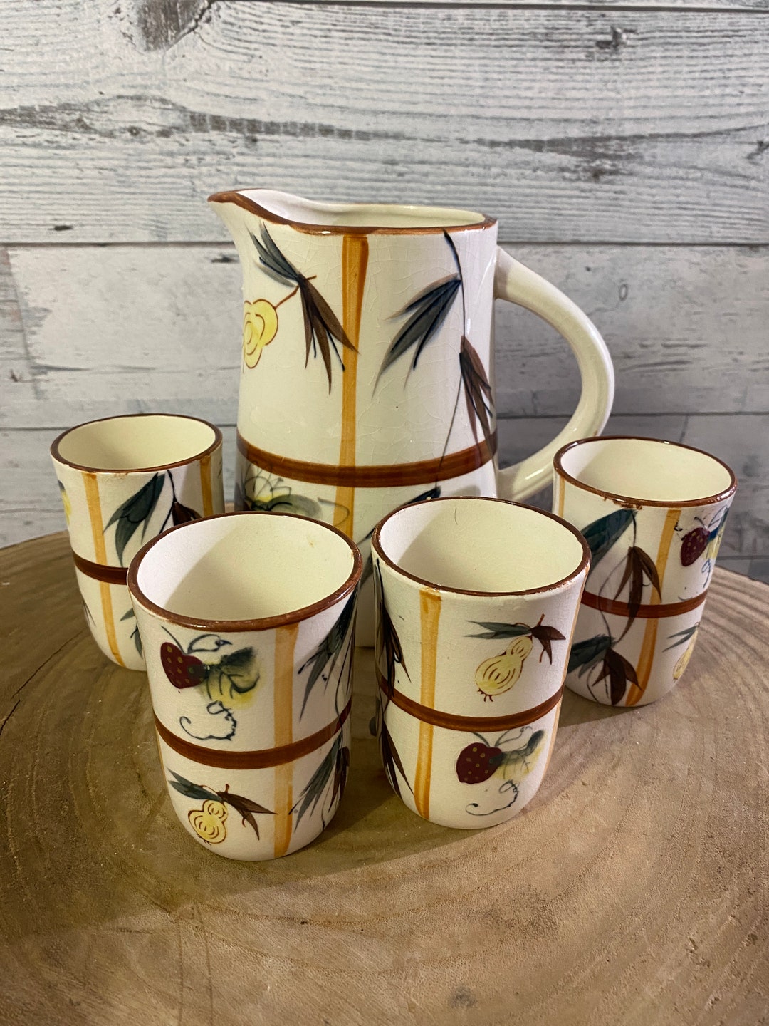 Vintage Pitcher and Cup Set, Hand Painted Ceramic Pottery, Drink & Barware, Drinkware, Pitchers