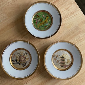 Chokin Japan Plates, Gold Trim, Engraved Decorative Plates Set of 3, Collectible Plates