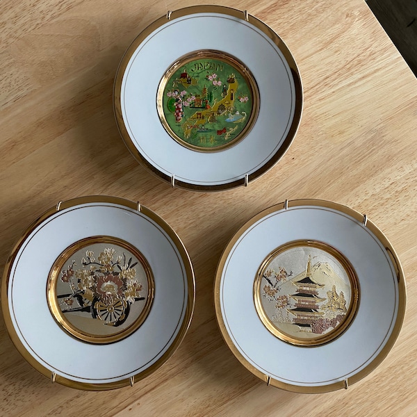 Chokin Japan Plates, Gold Trim, Engraved Decorative Plates Set of 3, Collectible Plates