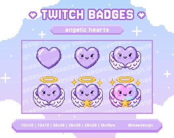 Cute Purple Angel Heart Sub Badges for Twitch, Kawaii Pixel Art Icons for Streamers