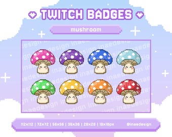 Whimsical Mushroom Sub Badges for Twitch, Kawaii Pixel Art Icons for Streamers