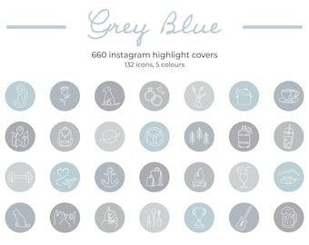 660 Instagram Line art Highlight Covers, Grey Blue, Minimalistic Instagram Story Highlight Icons, Social Media Icons