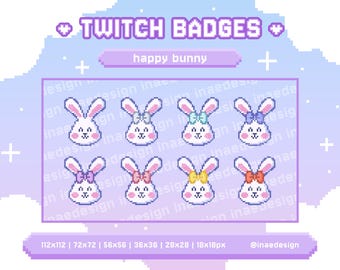 Cute White Happy Bunny Sub Badges for Twitch, Kawaii Pixel Art Icons for Streamers