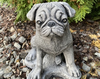 Realistic pug figure Sitting pug dog decor Stone pug sculpture Outdoor ornament