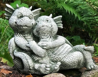 Pareja de dragones de hormigón, dragones encantadores, dragones de hormigón, figuras para el jardín, escultura de dragón, adorno al aire libre, para regalo
