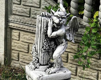 Gargoyle at the column, Stone Gargoyle, Gargoyle statue outdoor, Stone Statue Gothic, Gargoyle Sculpture