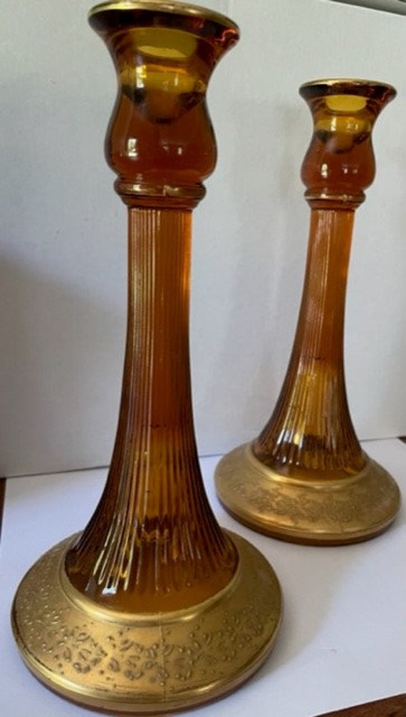 Vintage Amber Glass Candlesticks pair Etsy