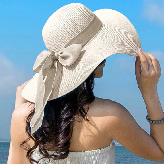 Ladies Wide Brim Floppy Straw Sun Hat with Bowknot, Khaki