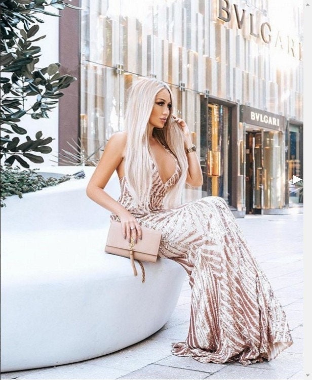 Chantilly Sequin Fringe Maxi Dress - Rose Gold