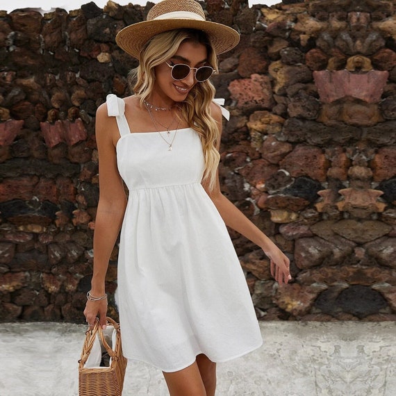 Cute White Cotton Bow Dress Short White Dress Summer Dress - Etsy